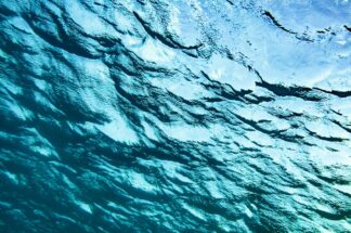 Looking up to the surface of the ocean, the waves were constantly changing patterns under the beautiful blue sky in Bonaire, Dutch Caribbean.