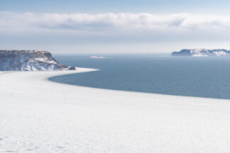 The ocean was frozen along the beach of Akkeshi in Hokkaido, Japan.
