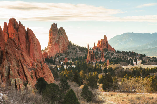 The beautiful landscape of the Garden of the Gods in Colorado Springs appears in the morning light on a frigid winter day.